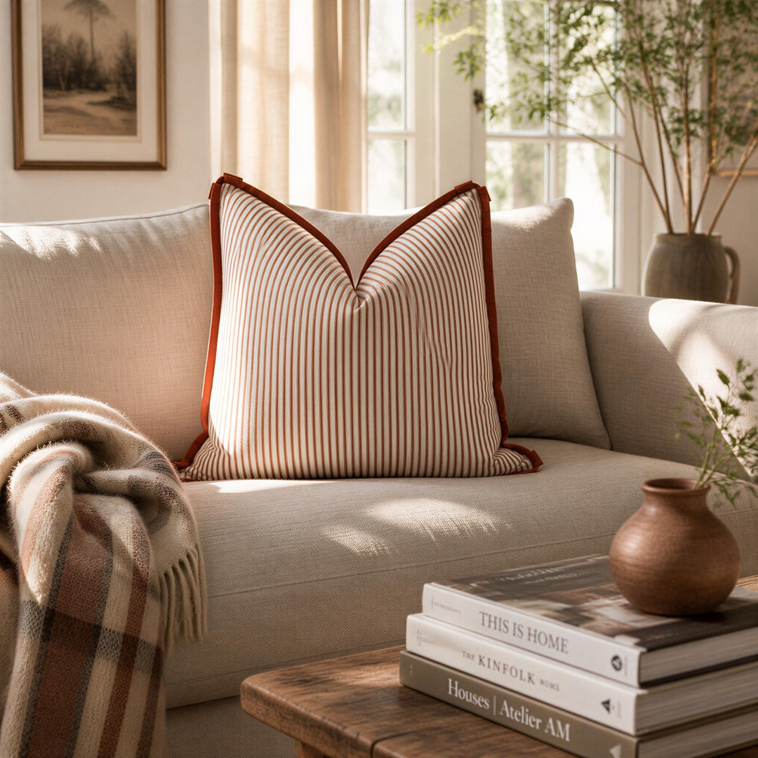 a cozy living room with a beige sofa adorned with a striped pillow, a stack of books, and a vase with greenery.