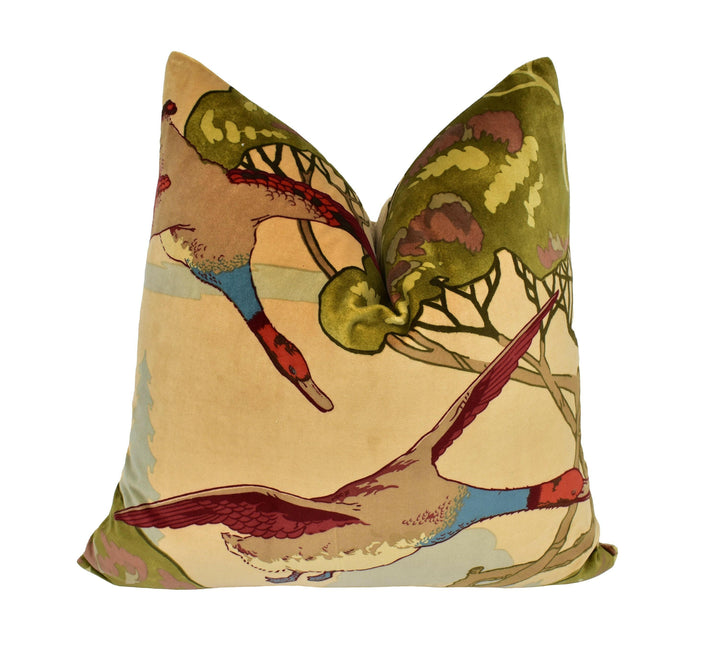 Mulberry - Flying Ducks Velvet - Camel - Majestic Mallard Duck Art Deco Designer Cushion Cover - Luxury Throw Pillow - Handmade Home Decor.