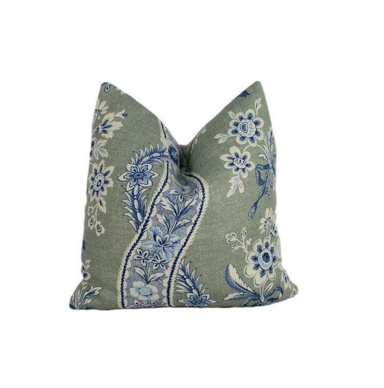 Schumacher - Le Castellet - Gris & Bleu - Provençal Motif Floral Ribbon - Designer Cushion Cover Handmade Throw Pillow - Luxury Home Decor.