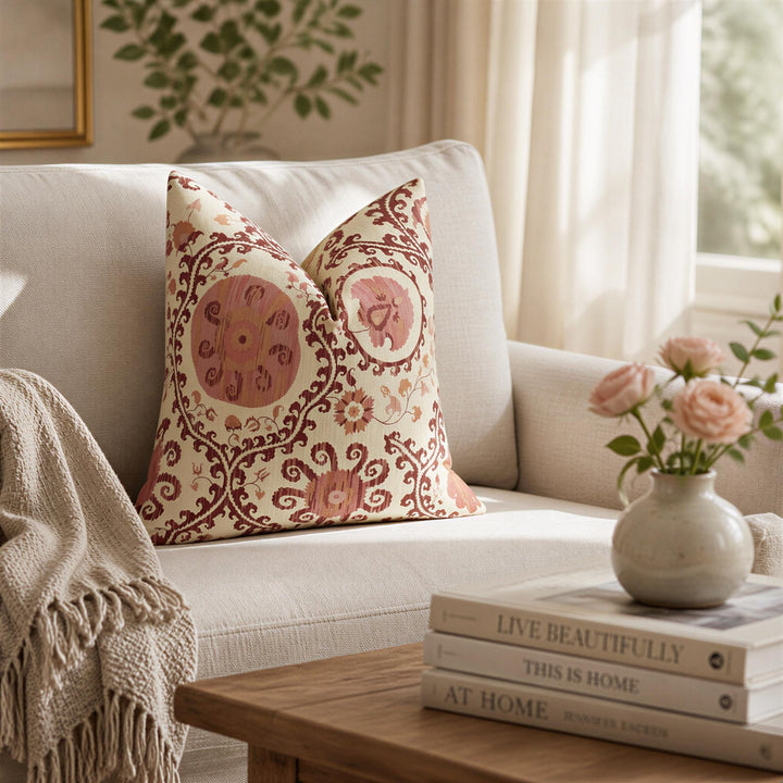 a cozy living room with a beige sofa, a decorative pillow, a stack of books, and a vase of pink roses on a coffee table.