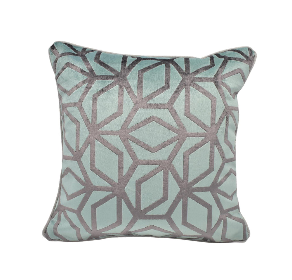 A square throw pillow with a geometric pattern in shades of green and gray.