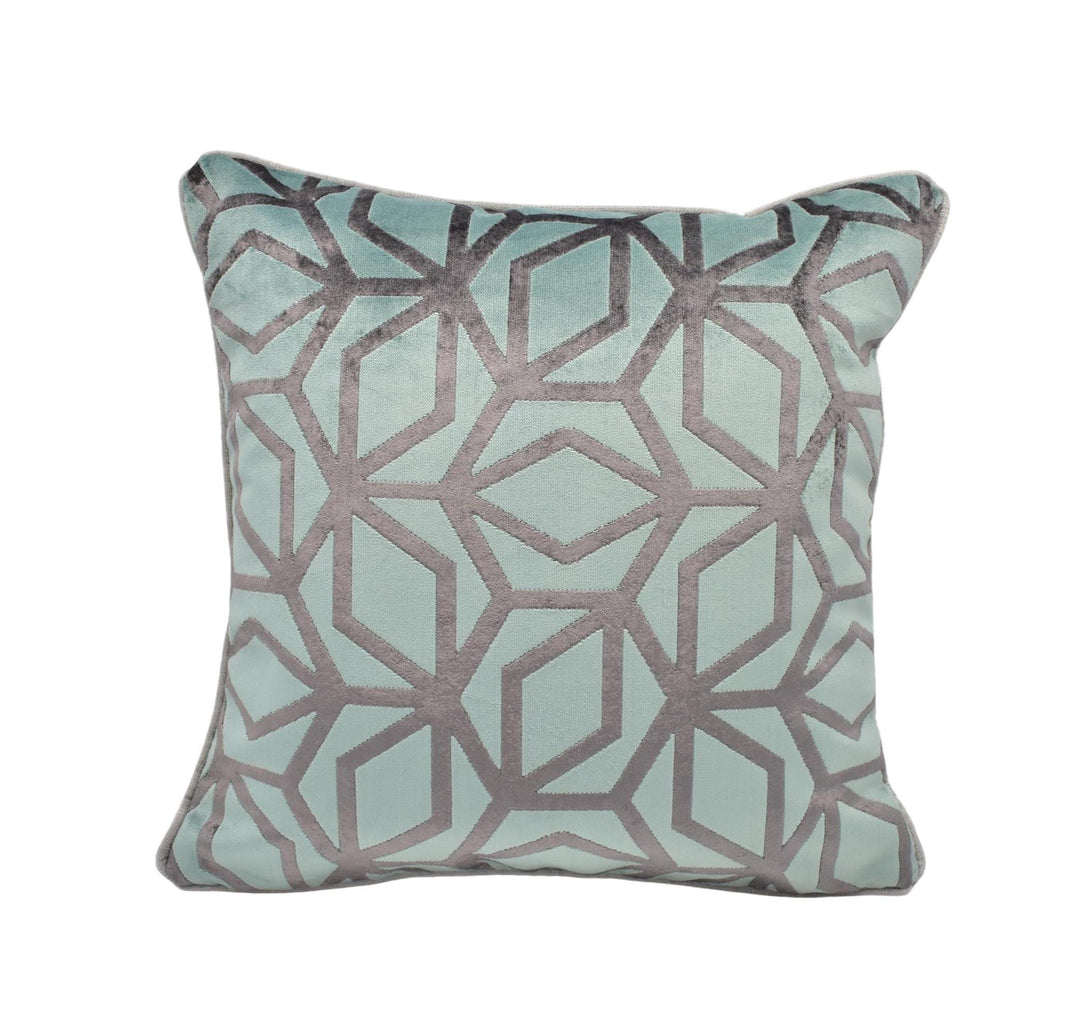 A square throw pillow with a geometric pattern in shades of green and gray.