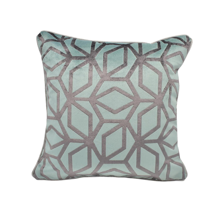 A square throw pillow with a geometric pattern in shades of green and gray.
