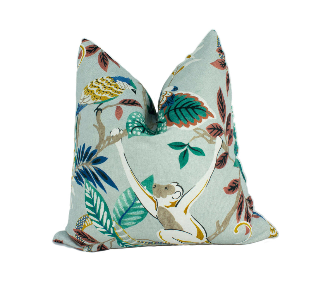 Jane Churchill - Indira - Teal - Tropical Exotic Monkey Parrot Cushion Cover - Handmade Throw Pillow Designer Home Decor.