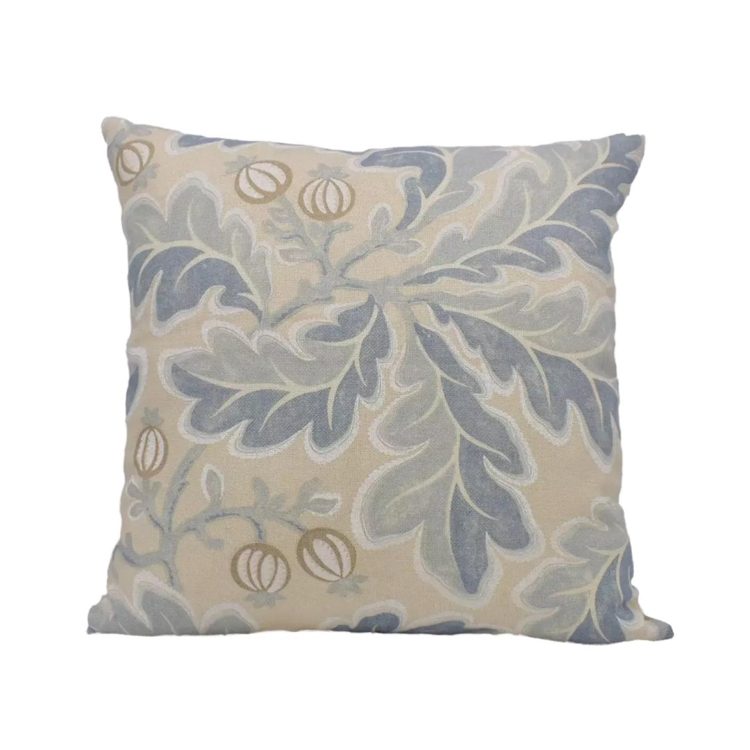 A square throw pillow with a floral pattern in shades of blue and gray.