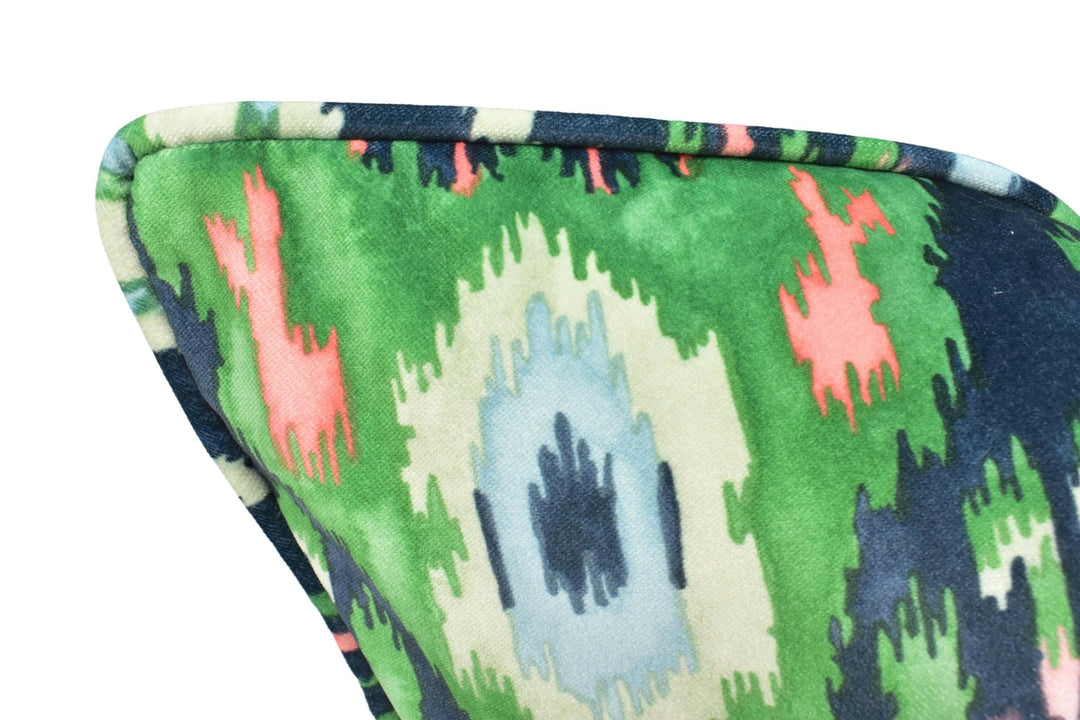 Linwood - Bukhara - Emerald - Sumptuous Ikat Velvet Designer Cushion Cover - Bright Colourful Luxury Throw Pillow - Handmade Home Decor.