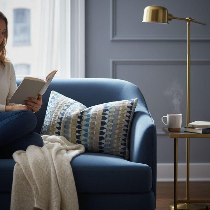 A woman is sitting on a blue armchair, reading a book, with a cup of coffee and a lamp nearby.