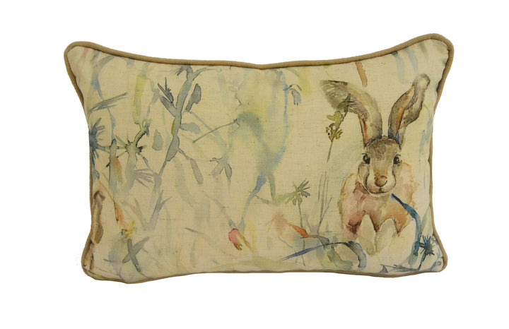 Voyage - Jack Rabbit - Linen - Playful Watercolour Rabbit &amp; Thistle Cushion Cover - Handmade Throw Pillow Designer Home Decor.