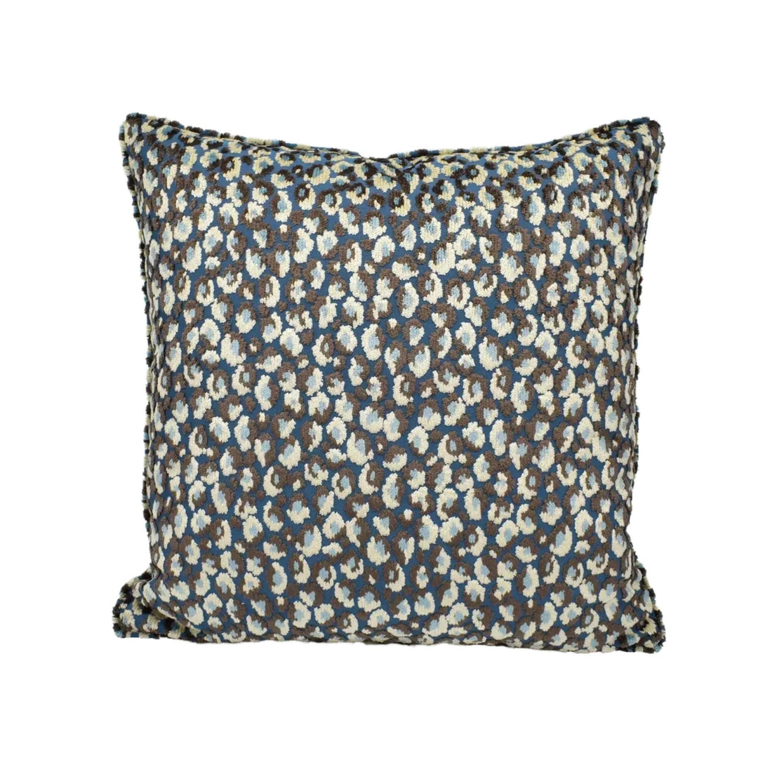 A square throw pillow with a leopard print pattern in shades of blue and gray.