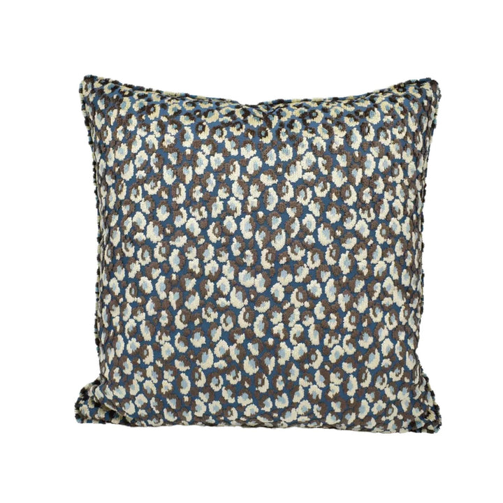 A square throw pillow with a leopard print pattern in shades of blue and gray.