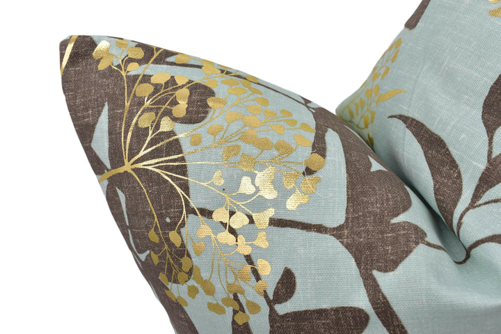 Harlequin - Fusion - Aqua / Gold / Coffee - Chic Gold Metallic Floral Designer Cushion Cover - Luxury Throw Pillow - Handmade Home Decor.