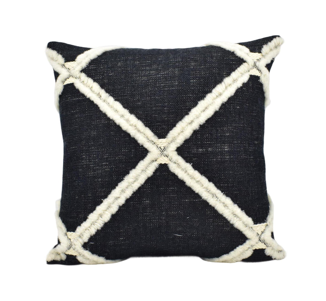 A square throw pillow with a black background and white diagonal lines.