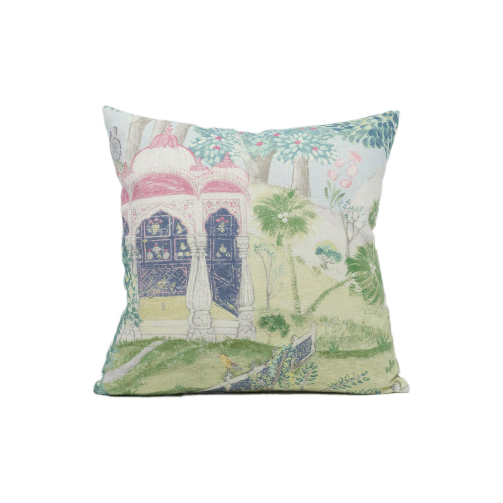 Zoffany - Peacock Garden - Moss / Pink - Indian Landscape Garden Cushion Cover - Handmade Throw Pillow - Designer Home Décor.