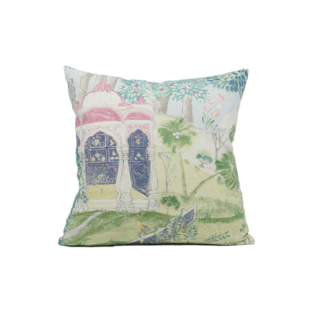 Zoffany - Peacock Garden - Moss / Pink - Indian Landscape Garden Cushion Cover - Handmade Throw Pillow - Designer Home Décor.
