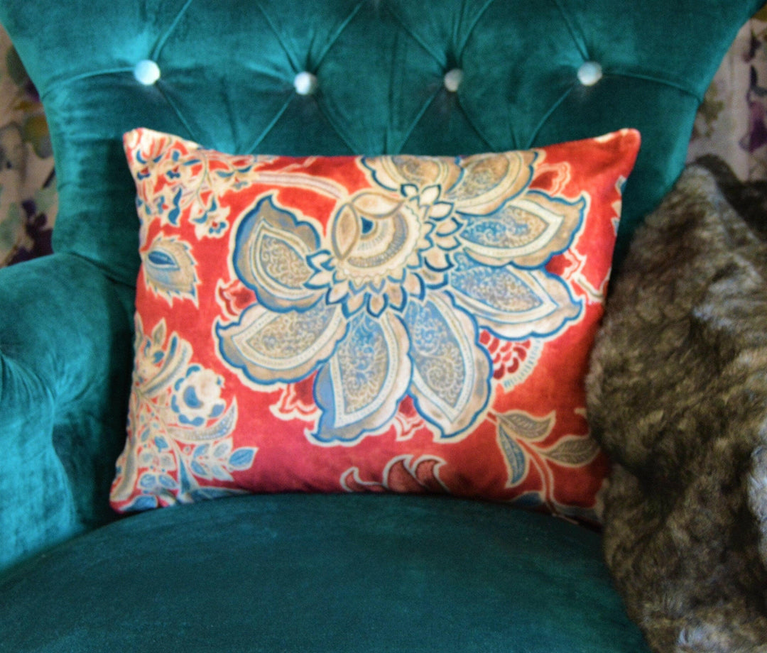 Sanderson - Shalimar - Ruby / Teal - Designer Cushion Cover Throw Pillow - Batik Vintage Floral Print - Luxury Super Soft Velvet.