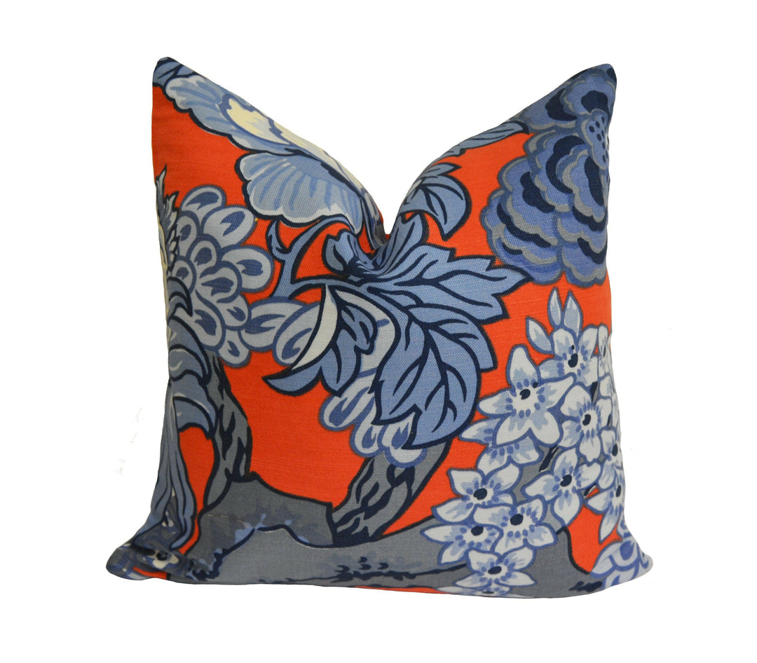 Thibaut - Honshu - Red and Blue - Large Scale Floral Japanese Garden Designer Cushion Cover - Luxury Throw Pillow - Handmade Home Decor.