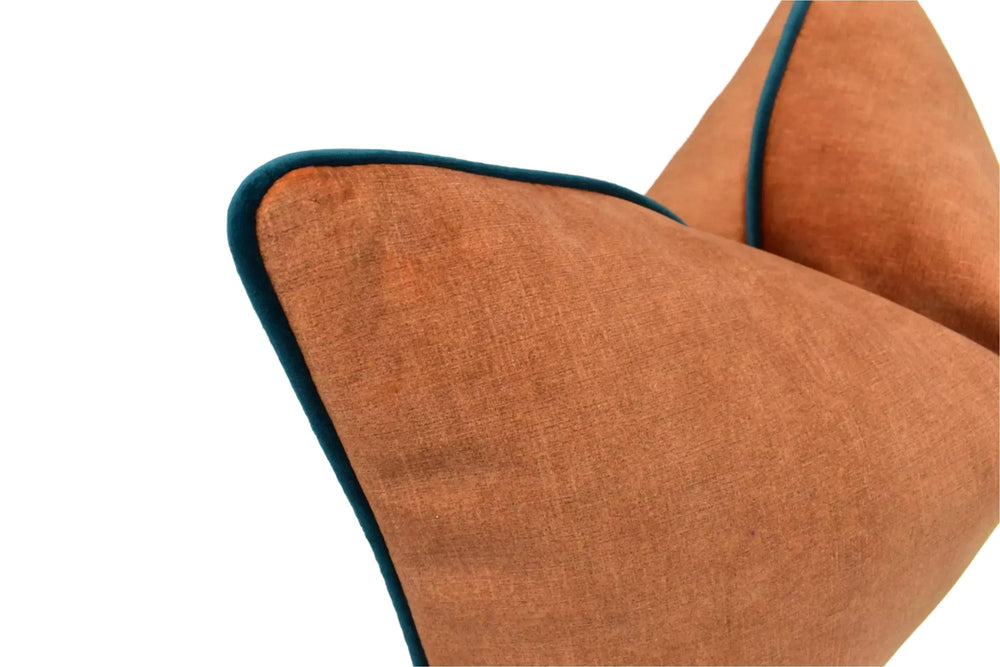 A close-up view of a brown fabric with a blue trim, likely a pillow or cushion.