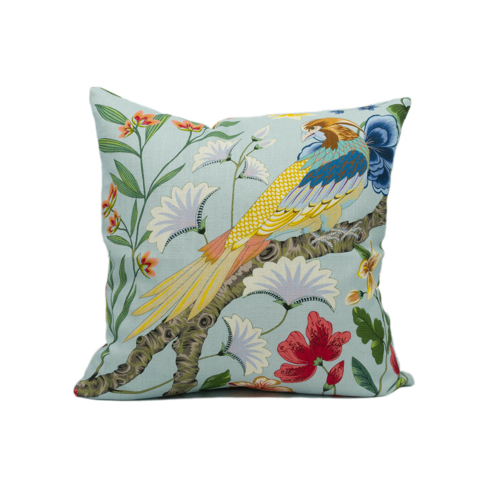 Scalamandre - Botany Bay - Sky / Multi - Majestic Floral Pheasant Cushion Cover - Handmade Throw Pillow - Designer Home Décor.