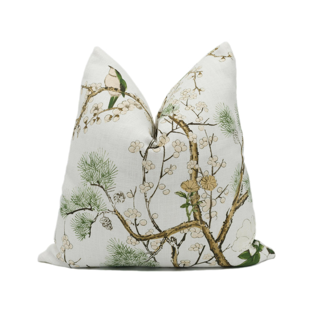 Thibaut - Katsura - Green and White -  Rich Winding Japanese Maple Floral Designer Cushion Cover - Luxury Throw Pillow - Designer Home Decor.