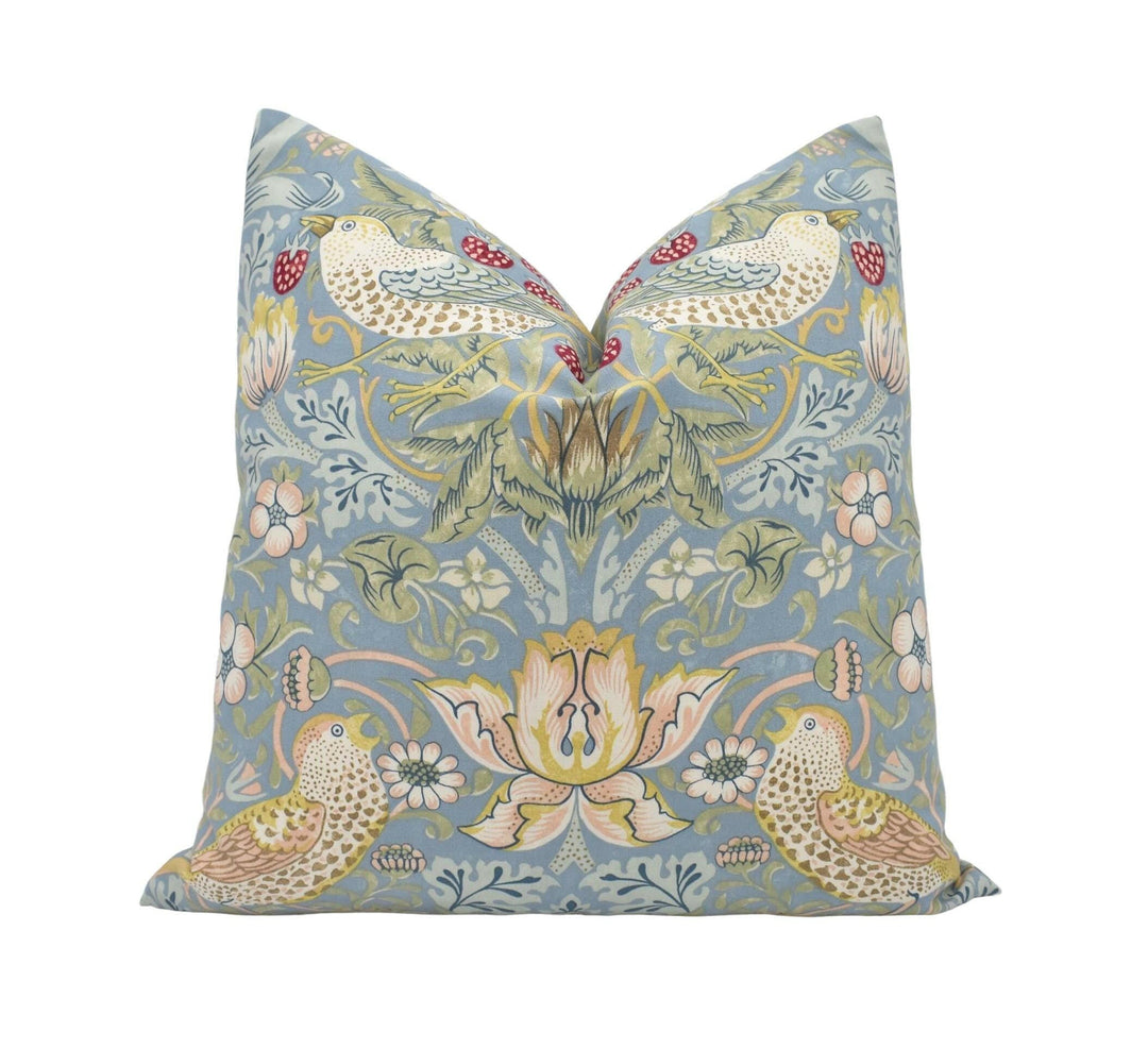 William Morris - Strawberry Thief - Slate / Vellum - Iconic Floral Morris Designer Cushion Cover - Handmade Cheeky Bird Blue Pillow Cover.