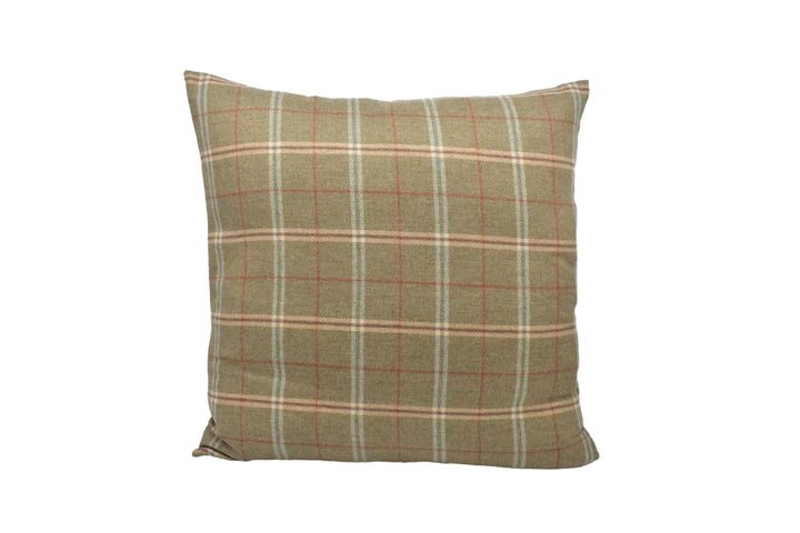 A square throw pillow with a plaid pattern in shades of brown and beige.