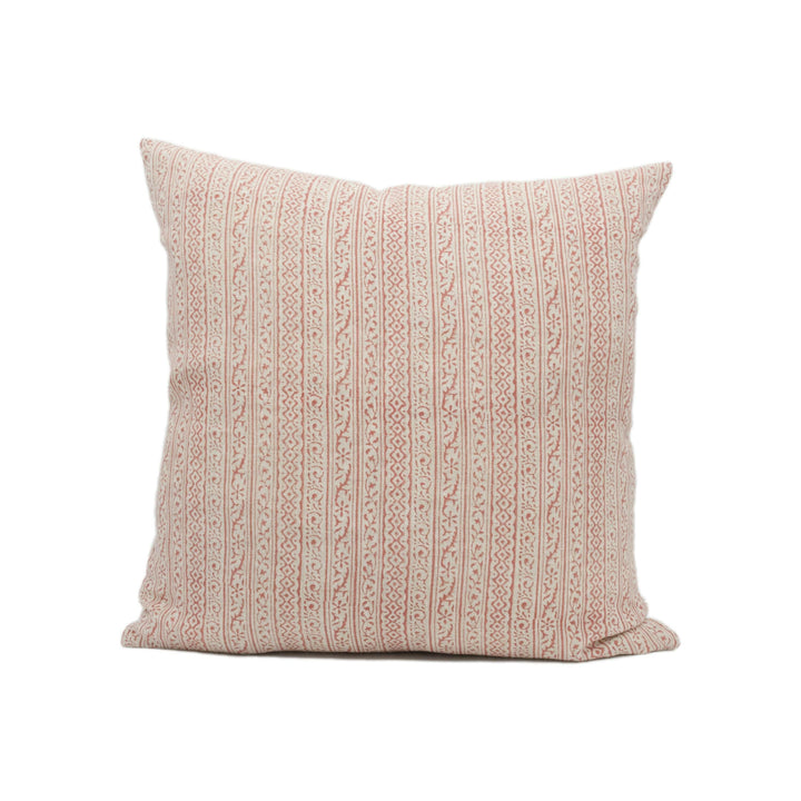 GP & J Baker - Cherbury - Red - Indian Handprint Designer Cushion - Intricate Small Scale Floral Stripe Pillow - Red Linen Custom Pillow.