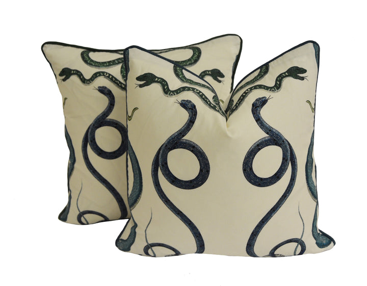Charlap Hyman &amp; Herrero for Schumacher - Giove - Emerald and Sapphire - Majestic Mythological Snake Cushion Cover Designer Throw Pillow