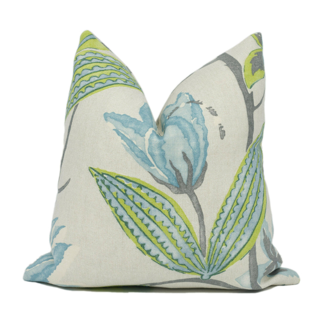 Vervain - La Mairise - 01 - Linen, Green, Aqua / Teal - Stunning Modern Floral Cushion Cover - Handmade Throw Pillow - Designer Home Décor.