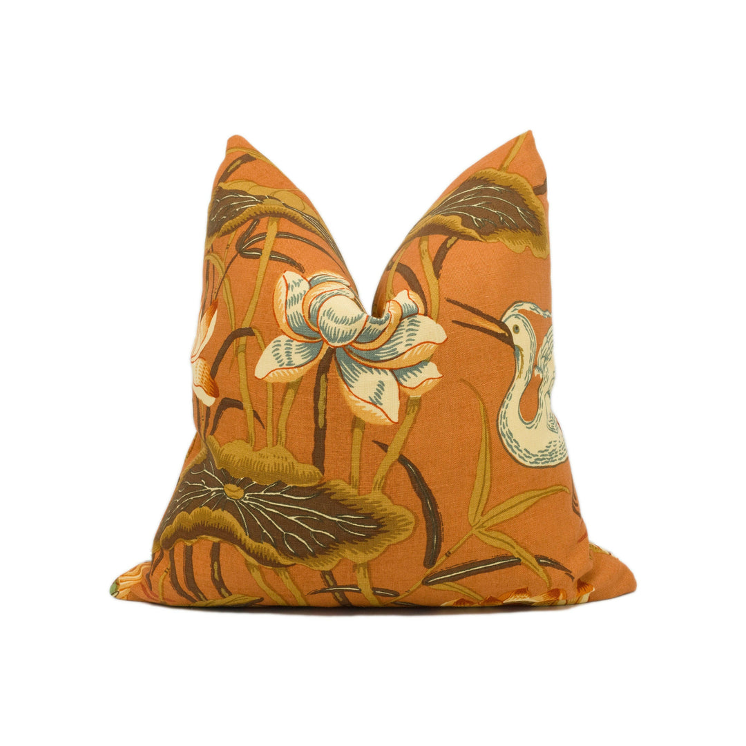 Schumacher - Lotus Garden - Lacquer - 1920's Japanese Designer Cushion Cover - Groovy Orange Floral Pillow - Oriental Bird Throw Pillow.