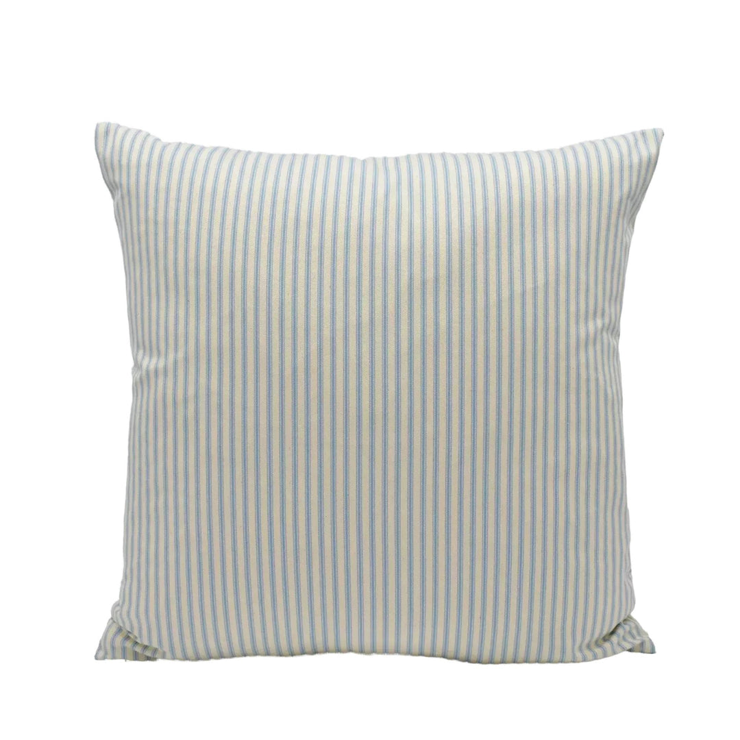 A square throw pillow with a striped pattern in shades of blue and white.