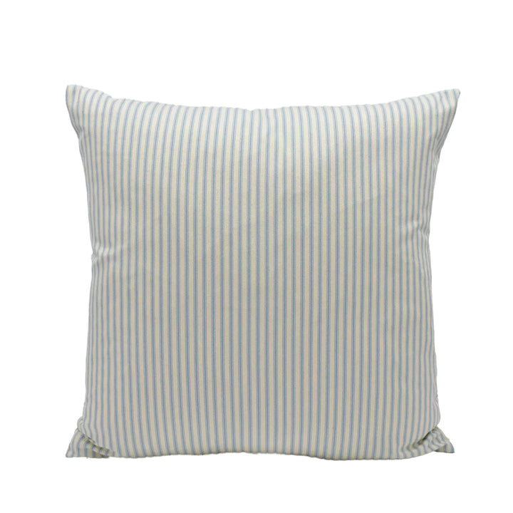 A square throw pillow with a striped pattern in shades of blue and white.