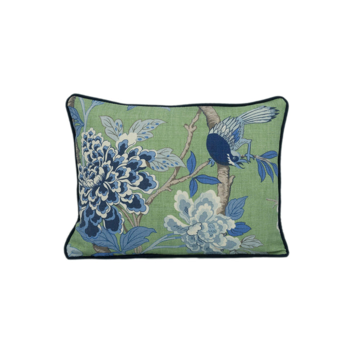 GP & J Baker - Hydrangea Bird - Emerald / Blue - Chinese Inspired Contrast Piped Cushion Cover - Handmade Throw Pillow - Designer Home Décor.