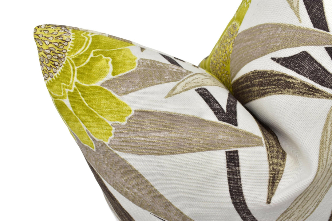 Scion - Kaito - Charcoal / Lime - Chich Metallic Floral Retro Designer Cushion Cover - Bold Luxury Throw Pillow - Handmade Home Decor.