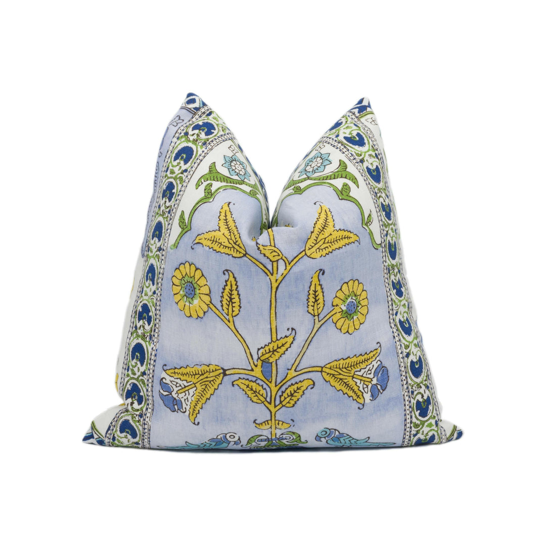 Thibaut - Indian Panel - Blue and Yellow - Vintage Block Printed Floral Indian Cushion Cover - Handmade Throw Pillow - Designer Home Décor.