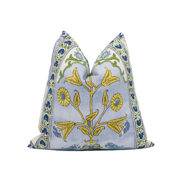 Thibaut - Indian Panel - Blue and Yellow - Vintage Block Printed Floral Indian Cushion Cover - Handmade Throw Pillow - Designer Home Décor.