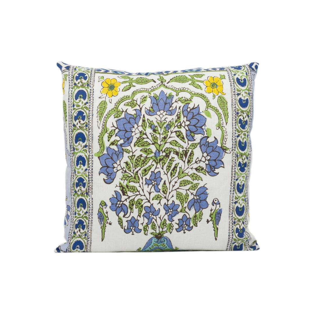 Thibaut - Indian Panel - Blue and Yellow - Vintage Block Printed Floral Indian Cushion Cover - Handmade Throw Pillow - Designer Home Décor.