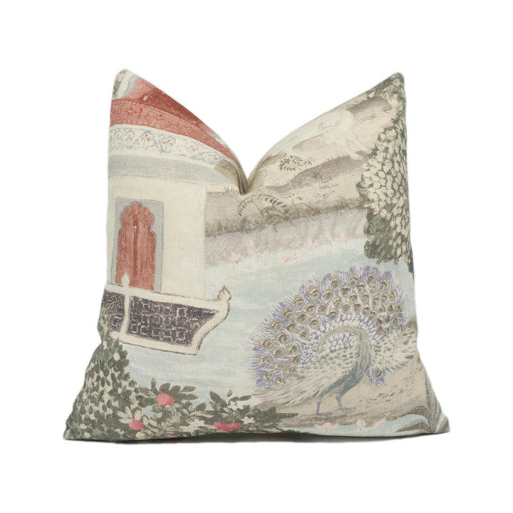Zoffany - Peacock Garden - Linen / Silver - Indian Landscape Garden Cushion Cover - Handmade Throw Pillow - Designer Home Décor.