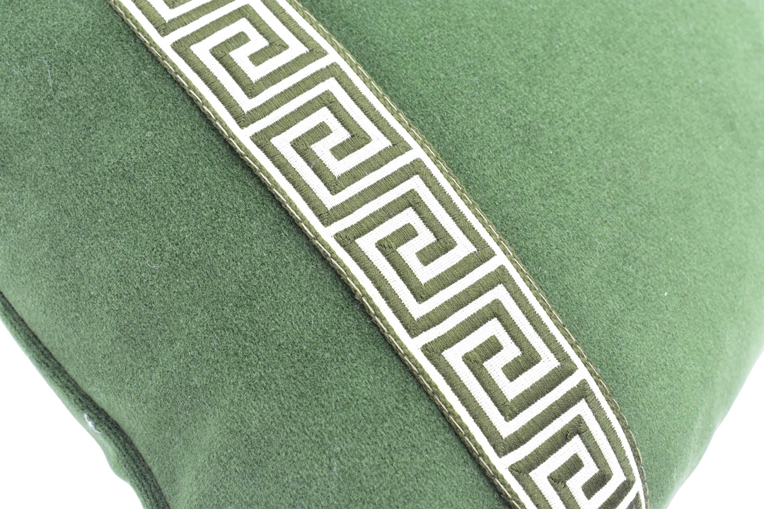 Harlequin - Performance Velvet - Forest - High Quality Luxury Resistant Velvet Cushion Cover - Olive Green Greek Key Tape Trim Custom Pillow.