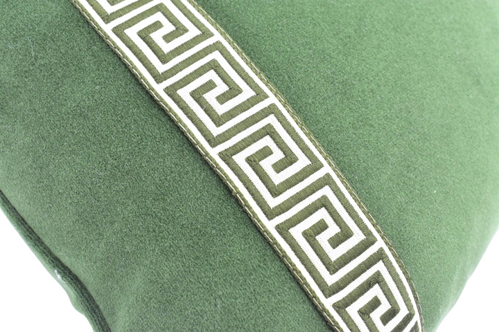 Harlequin - Performance Velvet - Forest - High Quality Luxury Resistant Velvet Cushion Cover - Olive Green Greek Key Tape Trim Custom Pillow.