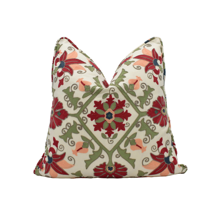 Colefax & Fowler – Pashley – Red / Green – Cushion Cover – Embroidered Statement Accent