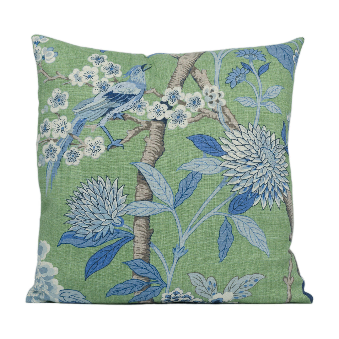 GP &amp; J Baker - Hydrangea Bird - Emerald / Blue - Exotic Chinese Inspired Cushion Cover - Handmade Throw Pillow - Designer Home Décor.