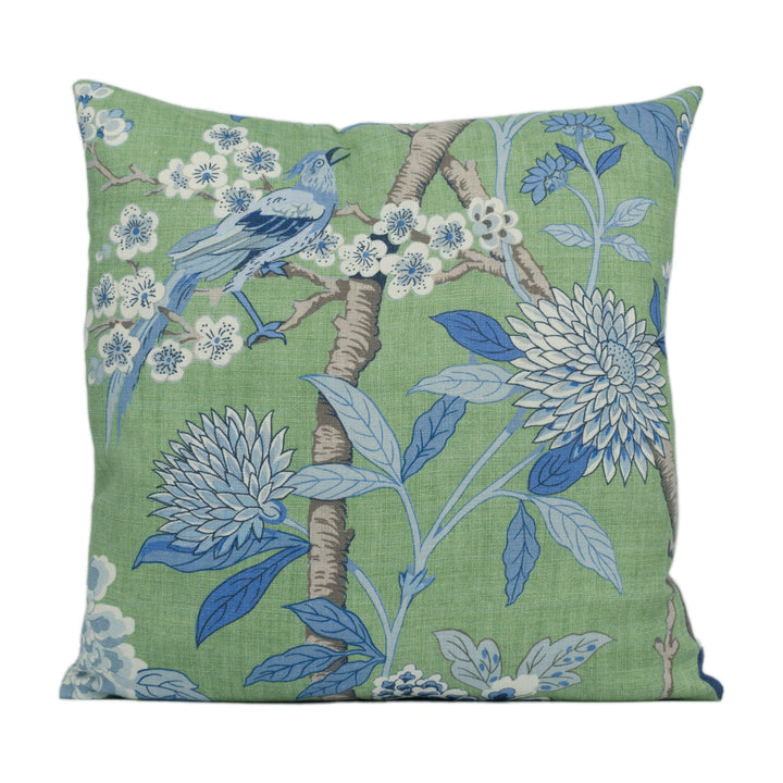 GP &amp; J Baker - Hydrangea Bird - Emerald / Blue - Exotic Chinese Inspired Cushion Cover - Handmade Throw Pillow - Designer Home Décor.