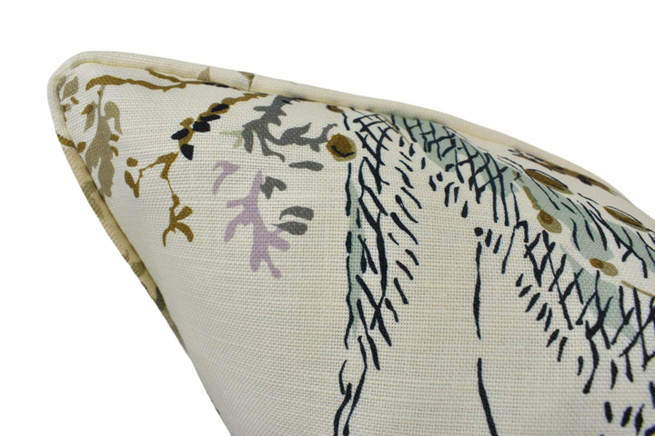 Thibaut - Moorea - Cream on Coral - 17th Century Block Print Cushion Cover - Asian Fishing Waterfall Throw Pillow - Exotic Forest Pillow.