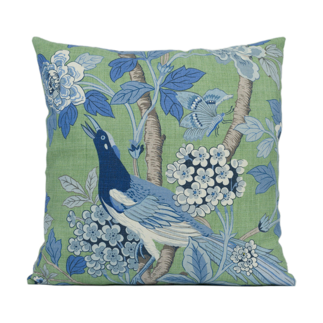 GP &amp; J Baker - Hydrangea Bird - Emerald / Blue - Exotic Chinese Inspired Cushion Cover - Handmade Throw Pillow - Designer Home Décor.