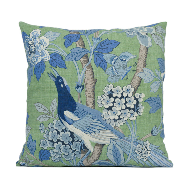 GP &amp; J Baker - Hydrangea Bird - Emerald / Blue - Exotic Chinese Inspired Cushion Cover - Handmade Throw Pillow - Designer Home Décor.
