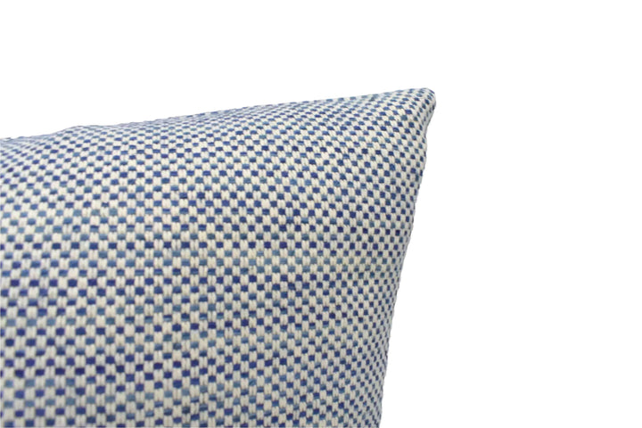 A close-up view of a blue and white checkered pattern on a pillow or cushion.