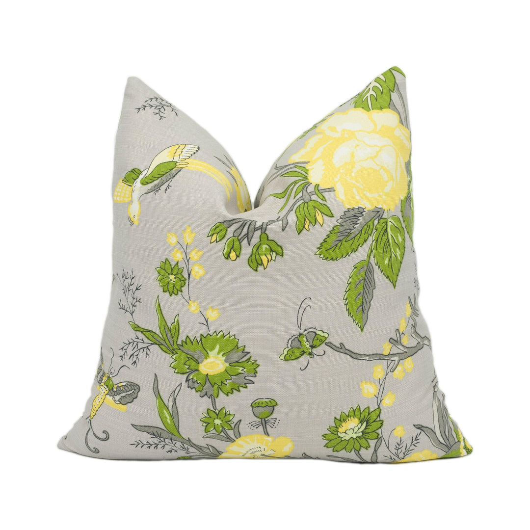 Thibaut - Nemour - Grey - Modern Floral Bird Print Cushion Cover Handmade Throw Pillow Designer Home Décor.