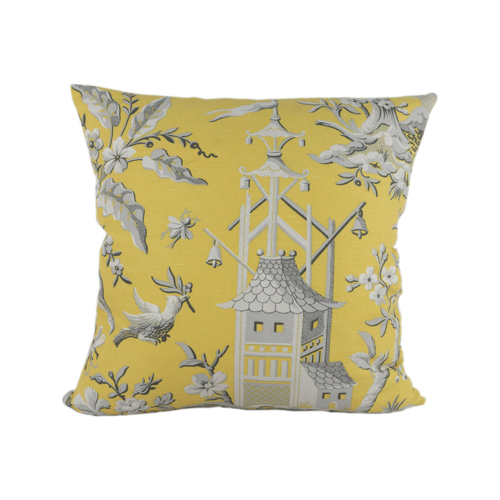Thibaut - Pagoda Garden - Yellow - Antique Far East Chinoiserie Pagoda Designer Cushion Cover - Luxury Throw Pillow - Handmade Home Decor.