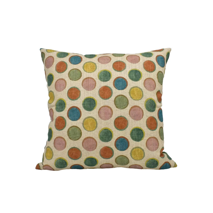 A square throw pillow with a repeating pattern of colorful circles in various shades of green, orange, pink, and yellow.