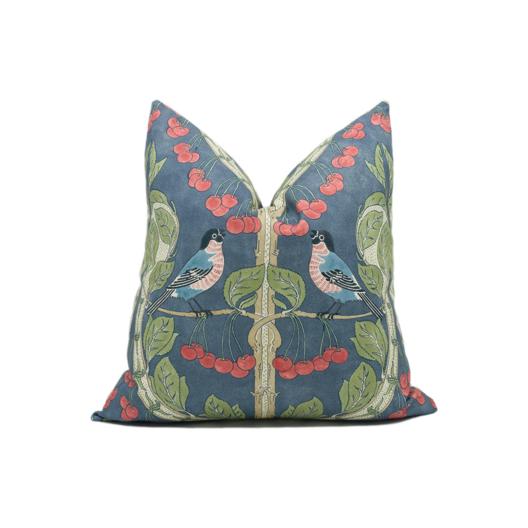 GP and J Baker - Birds & Cherries - Indigo - Charming Espalier Cherry Tree English Garden Designer Cushion Cover - Handmade Throw Pillow.